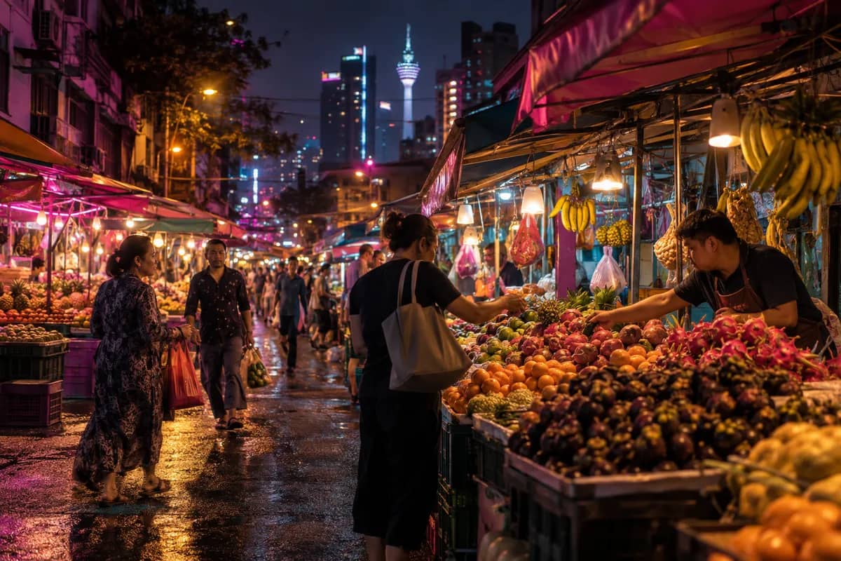 Kuala Lumpur red light district reputation areas at night with food stalls and neon shopfronts