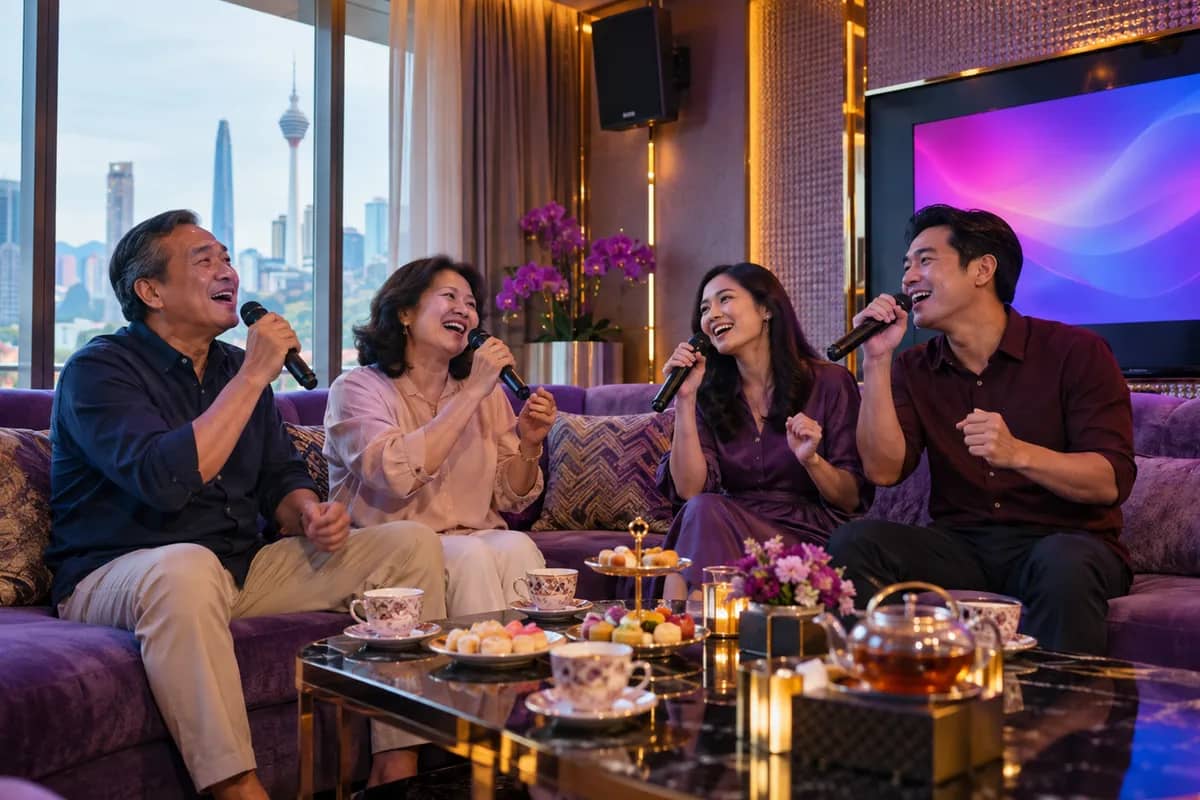 KTV Subang Jaya group celebrating with microphones and drinks