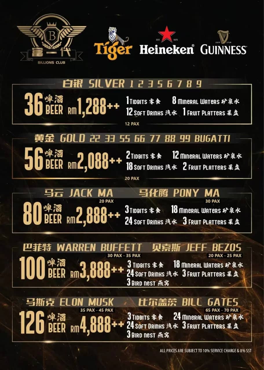 富一代 BILLIONS CLUB KTV 官方价目表 1