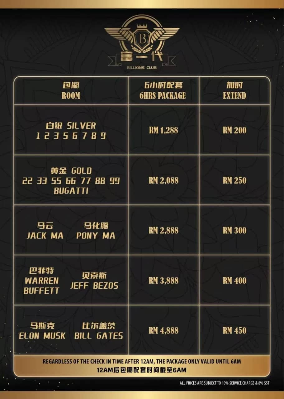富一代 BILLIONS CLUB KTV 官方价目表 2