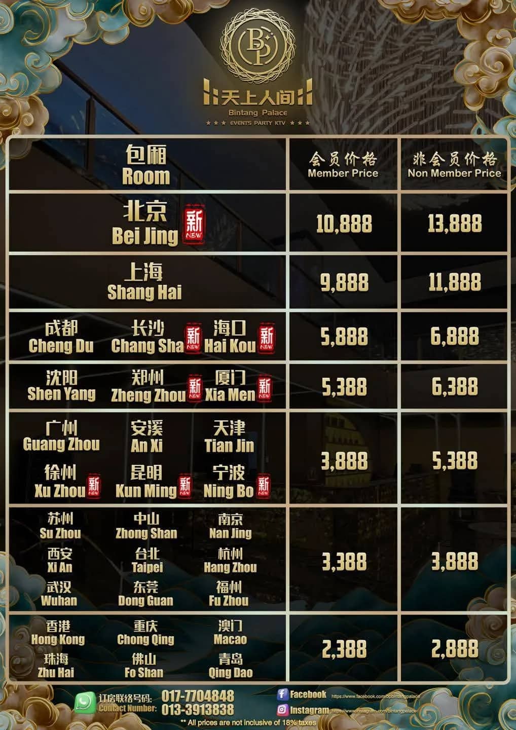 天上人间 Bintang Palace KTV 官方价目表 2
