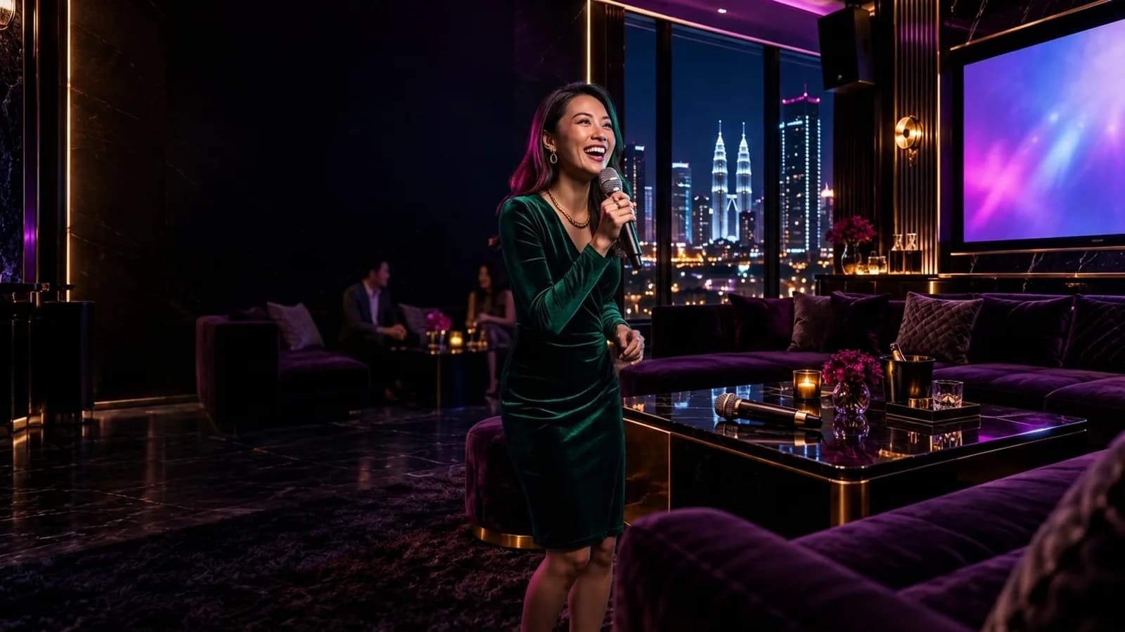 Singing into the mic in a luxury private KTV suite in Kuala Lumpur