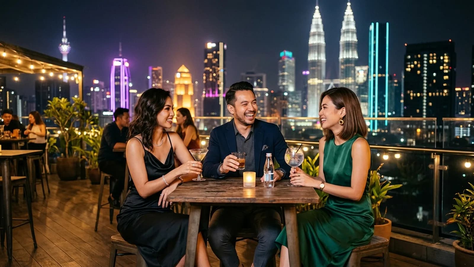 Friends over cocktails at a Kuala Lumpur rooftop bar with skyline view