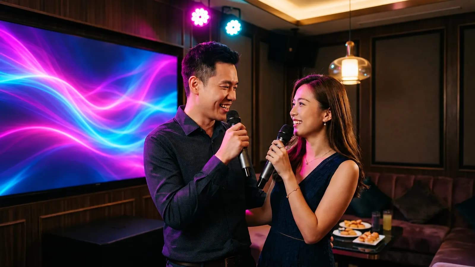 A duet with wireless microphones in a modern KTV room