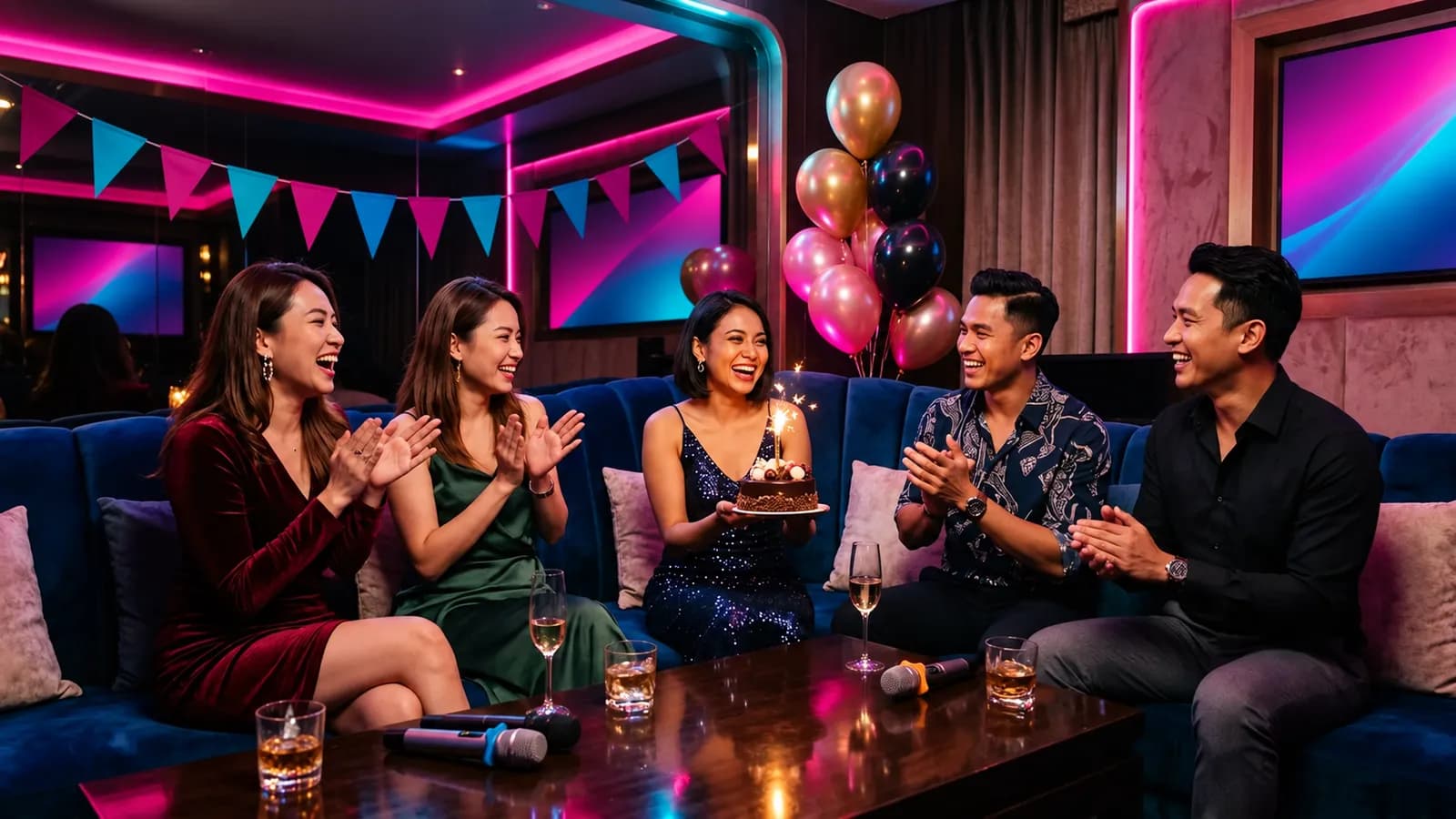 Birthday celebration with cake in a private VIP karaoke suite
